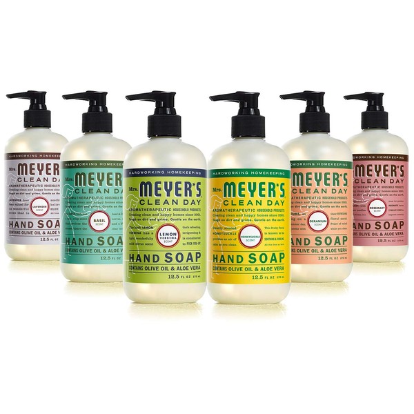MRS. MEYER'S CLEAN DAY Liquid Hand Soap 12.5 OZ Scents Variety Pack 6 ( Rosemary, Basil, Geranium, Honeysuckle, Lavender, and Lemon Verbena)