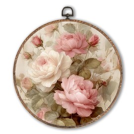 Hxlac Vintage Pink Rose Round Wall Art Framed, Vintage Floral Wall Decor, Shabby Chic Pink Rose Hanging Canvas Prints Wall Sculptures for Cottagecore Home Living Room Bedroom Decor, 10x10 Inch
