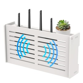 WiFi Router Box Hider No Drill Wall Mount Router Storage Box with Bottom Ventilation Holes Cable Management Organizer for Modem Power Strip White 15"x7.9"x3.3" Includes Adhesive Hooks