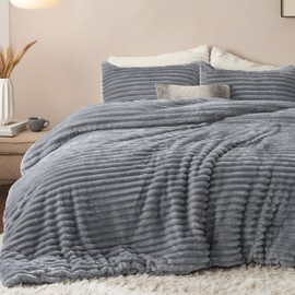 Bedsure Fluffy Comforter Set Queen - Super Soft Faux Fur Comforter Queen Size Grey, Winter Warm Fleece Bedding Set, Plush Fuzzy Bed Set, 3 Pieces, 1 Shaggy Comforter with 2 Pillowcases