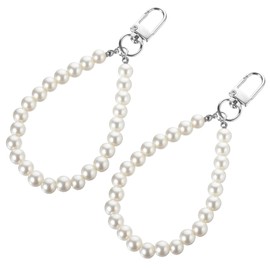 SynHHergyx 2 Pcs Pearl Keyring Lanyard Faux Pearl Keychain Straps Pearls Wristlet Key Chain Elegant Purse Lanyard for Wome Girls Purse Wallet Bag Charm (Silver)