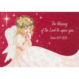 Designer Greetings Praying Angel Child with Crown of Gold Foil Flowers on Red Box of 15 Religious Christmas Cards