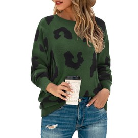 LAISHEN Women's Sweaters Fall Fashion 2025 Leopard Long Sleeve Tops Casual Crew Neck Knit Chunky Sweater Pullover Dark Green
