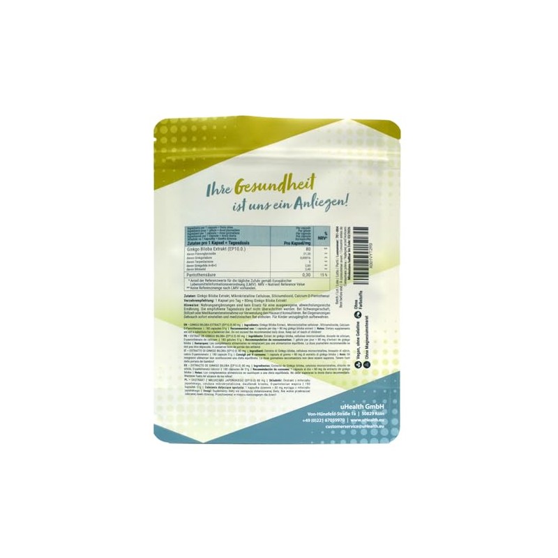 Ginkgo Biloba Extract (EP10.0) 80 mg 180 Capsules 63 g