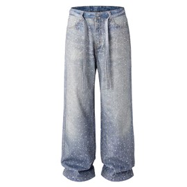 Men Baggy Rhinestone Jeans Wide Leg Denim Pants Vintage Sparkly Pearl Jeans Y2k Oversized Hip Hop Pants for Women Blue