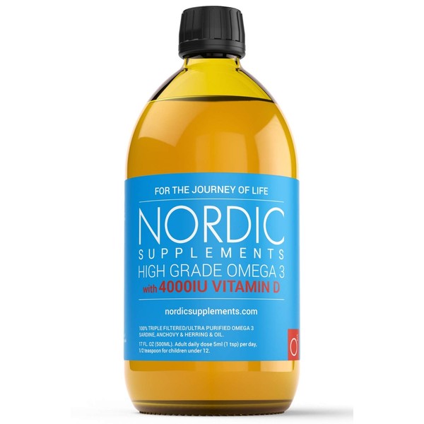 Nordic Supplements High Strength 500ml Omega 3 Fish Oil with 4000IU Vitamin D3 in Natural Cholecalciferol Form. Taste Award Winning Lemon Flavoured and Tested