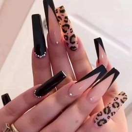 Long Press on Nails Coffin Fake Nails with Leopard Rhinestones Designs French Tip Nails Press ons Glossy Glue on Nails Black Acrylic Nails Nude False Nails Artificial Stick on Nails for Women 24Pcs