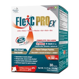 LABO Nutrition FlexC PRO EX con péptido de colágeno tipo I, II y III, sílice soluble en agua orgánica y curcumina C3 reducto, para articulaciones,... 