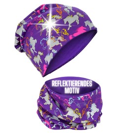 HECKBO 360° Reflector Children's Hat & Loop Scarf Set - 95% Cotton - Soft & Easy-Care Stretch Material - Beanie Spring Autumn Winter, Horse