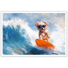 Funny Summer Animal Surf Canvas Wall Art Cool Dog Wearing Sunglasses Surfing Poster Cute Dog Blue Ocean Beach Surfing Prints Painting For Home Bedroom Dorm Apartment Wall Decor 12x16in Unframed