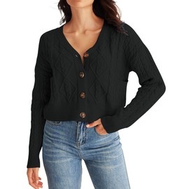 MEROKEETY Women's Long Sleeve Open Front Cable Knit Crop Cardigans V Neck Button Sweaters with Pockets, Black, L