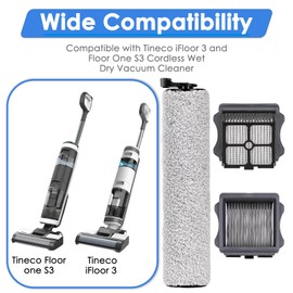(4 Pack) iFloor 3 Replacement Brush Rollers and HEPA Filters Compatible with Tineco Floor One S3/ iFloor 3, Cordless Wet Dry Vacuum Cleaner, Accessories Kit, 2 Brush Rollers, 2 HEPA Filters