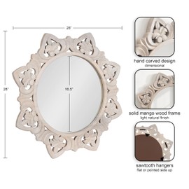 Kate and Laurel Meera Hand-Carved Wood Mirror, 28 Inch Diameter, Natural Wood, Traditional Starburst Mirror with Carved Frame Details and Decorative Bathroom Mirror Look