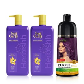 Herbishh Hair Color Shampoo for Gray Hair Purple 500 Ml + Curly Hair Shampoo And Conditioner Set
