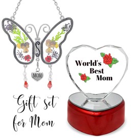 BANBERRY DESIGNS World's Best Mom Paperweight and Sun Catcher - Mother Butterfly Suncatcher with Pressed and Dried Flowers Plus a Lighted Glass Heart Statue for Her Moms