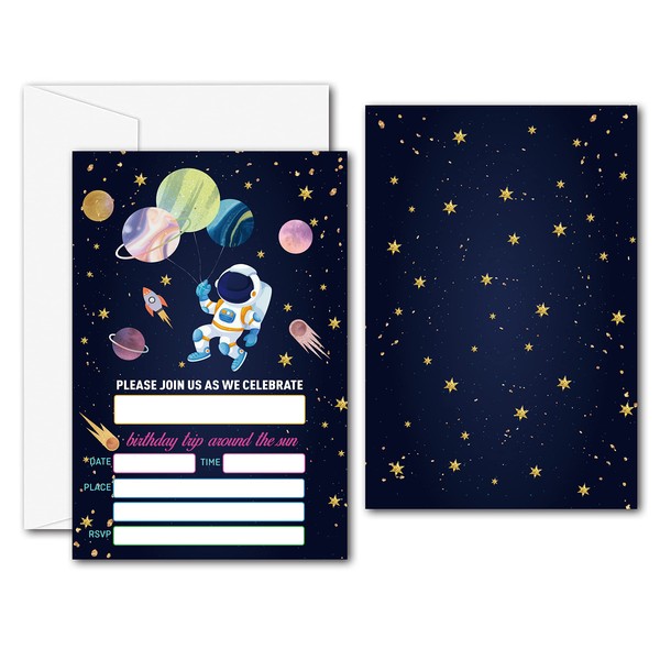 Disfuco Outer Space Birthday Party Invitations - Galaxy Space Party Supplies - Fill in The Blank Birthday Party Invites - 20 Invitation Cards With 20 Envelopes (B10)