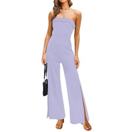 ZESICA Women's 2024 Strapless Jumpsuit Casual Off Shoulder High Waist Wide Leg Side Slit Long Romper Playsuits with Pockets,Purple,Small