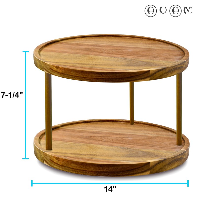 14" Two-Tier Acacia Wood Lazy Susan Organizer Kitchen Turntable for