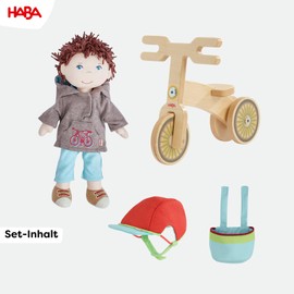 HABA Laufrad-Set Lian – Holz-Laufrad mit Puppe Lian, Fahrradhelm und Fahrradkorb – Fahrrad mit Doppelrad für sicheren Stand – 2011905001
