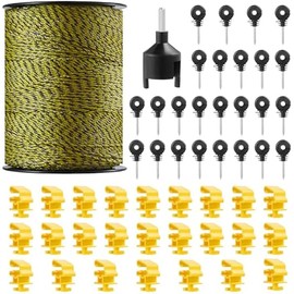 VEVOR Electric Fence Wire, 1640Ft 500M Portable Polywire, 1/8" Diameter 6 Stainless Steel Strands, Fencing Rope Line with 25 Fence Insulators and 25 T-Post Insulators, for Horse, Cattle, Livestock