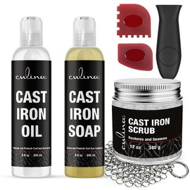 Culina Cast Iron Soap Conditioning Oil Stainless Scrubber Restoring Scrub Handle and Scrapers | All Natural Ingredients | for Cast Iron Cookware, Skillets, Pans (color may vary)