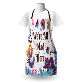 Ambesonne Alice in Wonderland Apron Pack of 2, We Are All Mad Here Words with Caterpillar White Rabbit Cheshire Cat, Unisex Kitchen Bib with Adjustable Neck, 2 Pcs - Adult Size, Purple Blue
