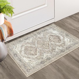 KUTA Washable Oriental Small Area Rug Ivory, 2x3 Entryway Rugs Indoor Non-Slip Ultra Soft Printed Vintage Distressed Tribal Farmhouse Low-Pile Door Mat for Entrance Bedroom Kitchen Nursery