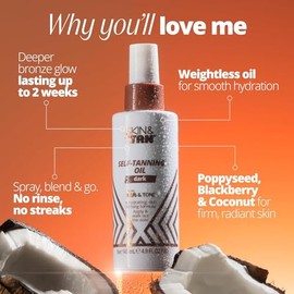 SKIN & TAN Tan & Tone Self Tanning Oil Dark Bundle - Hydrating, Firming, No-Rinse Formula for Golden Bronze - Streak-Free Application 145ml + Application Mitt & Back Applicator