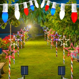 4th of July Lights - 20 Pack C7 Red White Blue Lights String & 12 Pack LED Red White Blue Large Star Solar Garden Lights, for Memorial Day & Fourth of July Outdoor Yard Patio Garden Decorations