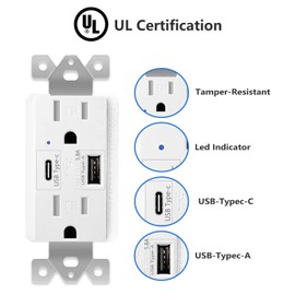 USB C Outlet, KCMYTONER Type C Outlet, USB Outlets Receptacles with Type A & Type C Ports, 5.8A Ultra-High-Speed USB Ports TR Duplex Receptacle with Led Indicator Wall Plate UL Listed White 6PK