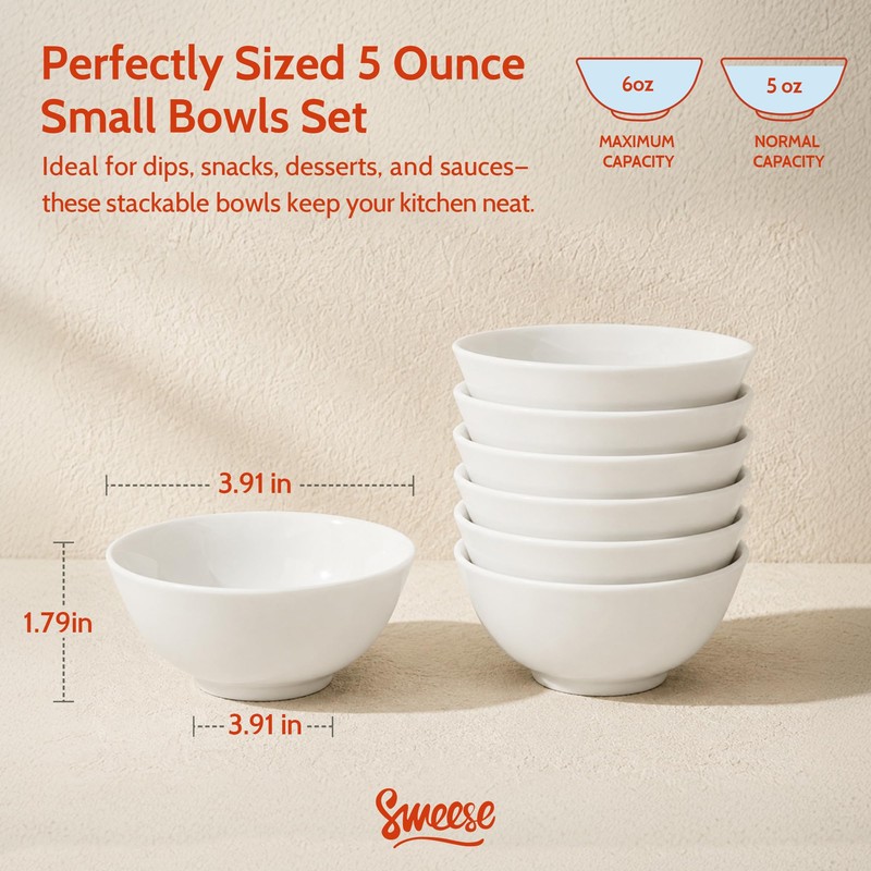 Sweese 5 oz Small Ceramic Bowls Set of 6, 3.9