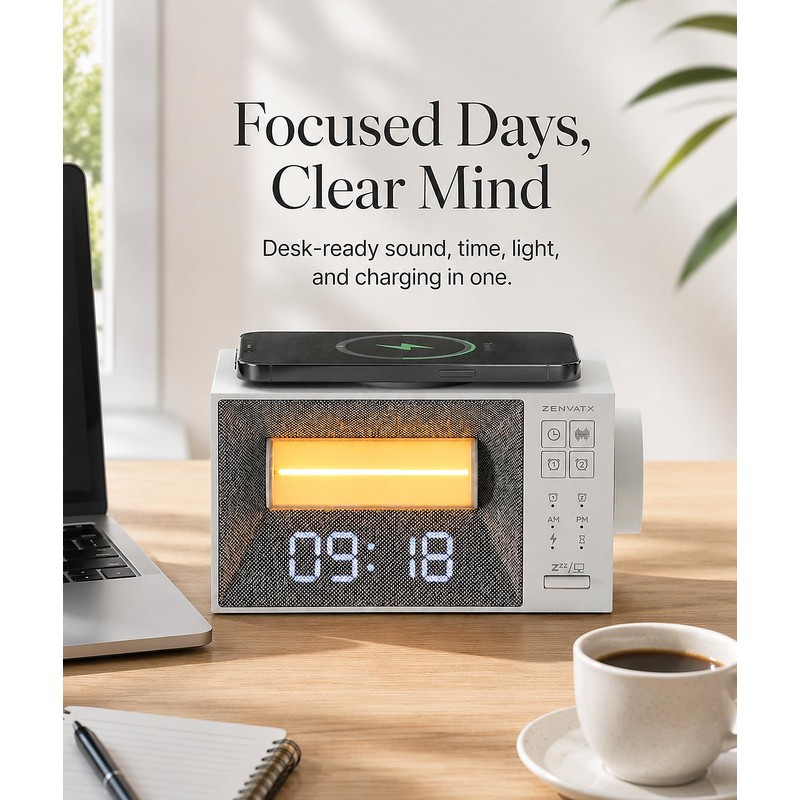 Sound Machine Alarm Clock with Wireless Charger for Bedroom, Hotel