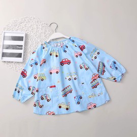 m-ap008 Children's Long Sleeve Smock Apron, For Meals, Drawing, Gingham Checkered Pattern, Fully Wearable Type, With Pockets (120, Car)