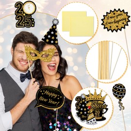 HOWAF 30Pcs Happy New Year Glitter Black Gold Silver Photo Booth Props, 2025 New Year's Eve Party Photo Props Kits for Happy New Year Decorations 2025, New Year's Eve Holiday Party Supplies