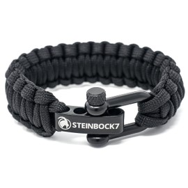 Steinbock7® paracord survival bracelet, black, with adjustable stainless steel, clasp, with tutorial for braiding (English language not guaranteed), black, 23 cm
