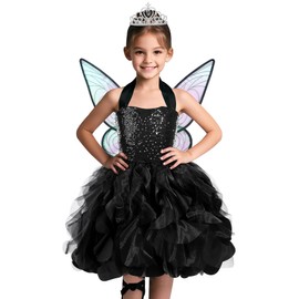 Soyoekbt Fairy Costume for Girls Princess Tutu Dress with Butterfly Wings for Girls Birthday Party Dress Up (Black, 5-6 Years)