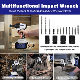 21V Cordless Impact Wrench with Brushless Motor, Electric Power Impact Wrench 1/2 inch Brushless Power Impact Gun, 2x6.0Ah Li-ion Battery, 4 Sockets & 12 Drill Set, Electric Impact Driver for Car Home