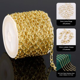 UMAOKANG 16.4 Feet 18K Gold Plated Chains Bulk Stainless Steel Oval Chain for Jewelry Making with Lobster Clasps Jump Rings