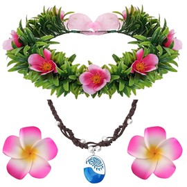 Juego de 4 piezas de disfraz de guirnalda de flores tropicales para niñas y mujeres, princesa hawaiana Lei 2 pinzas para el pelo, collar de concha que brilla en la oscuridad y corona floral para