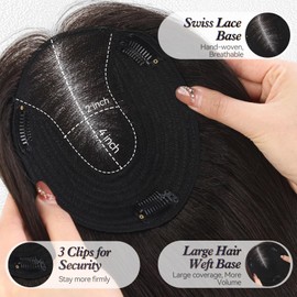 starluck 6x5 inch Lage Swiss Base 14 Inch Real Human Hair Toppers,60 Gram, 100% Real Human Hair Toppers for Women with thinning hair hair loss(Natural Black, no Bangs)