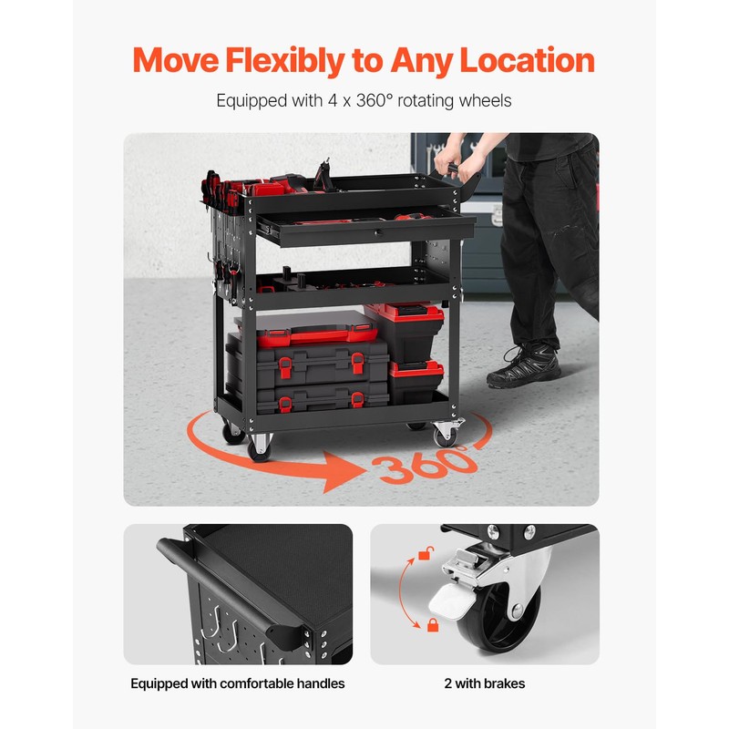 VEVOR 4-Tier Tool Cart with Wheels, 350 lbs Load Capacity,