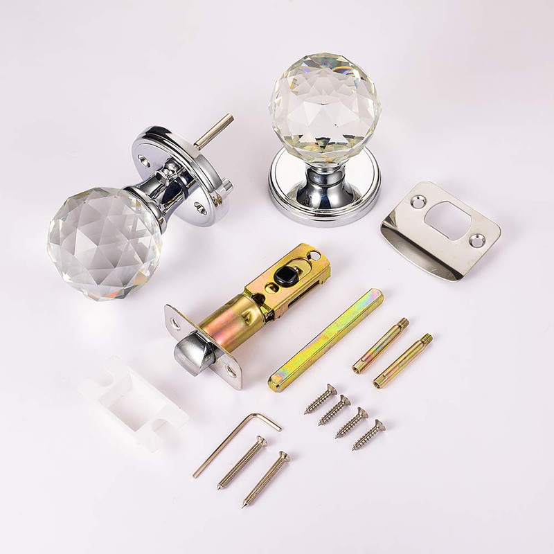 CLCTK Crystal Glass Door Knobs Interior with Lock, Round Bathroom