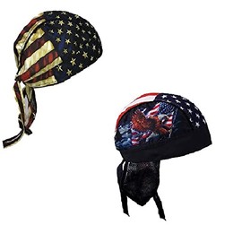 Lot or Set of 2 USA Eagle and Distressed USA American Flag Patriotic Retro America Design Head Wrap Durag Skull Cap Biker Doo Rag Cap Up North Rustic Multi Color,One Size