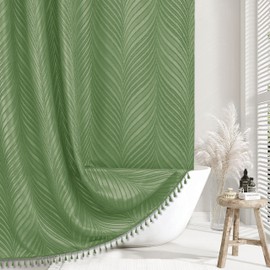 Siiluminisoy Extra Long Boho Shower Curtain Woven Fabric Cute 84 Inch Sage Green Shower Curtain, 72 x 84 Tufted Leaves Textured Striped Modern Farmhouse Minimalist Cloth Shower Curtain for Bathroom