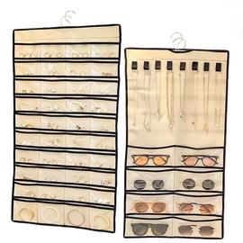 CHOHEY Double Sided Hanging Jewelry Organizer, 48 Pockets Clear Window Large Jewelry Hanging Organizer with Necklace Hanger, Wall/Door/Closet Stud Earring Bracelet Ring Storage