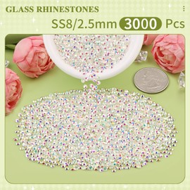 3000PCS SS8/2.5mm Crystal Rhinestones (Transparent AB), Bedazzling Flatback Glass Rhinestones for Crafting DIY Nail Art Makeup Decoration, Gems Diomand Charms for Tumbler Shoes Clothing Mug
