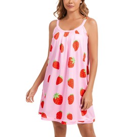 Kabento Nightgowns for Women Sleeveless Night Gowns Sleep Dress, Strawberry, Medium