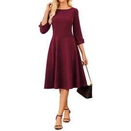 GRACE KARIN Women's Work Dress Semi Formal 3/4 Sleeve A Line Office Dresses Fit and Flare Classy Dress Wine Red L