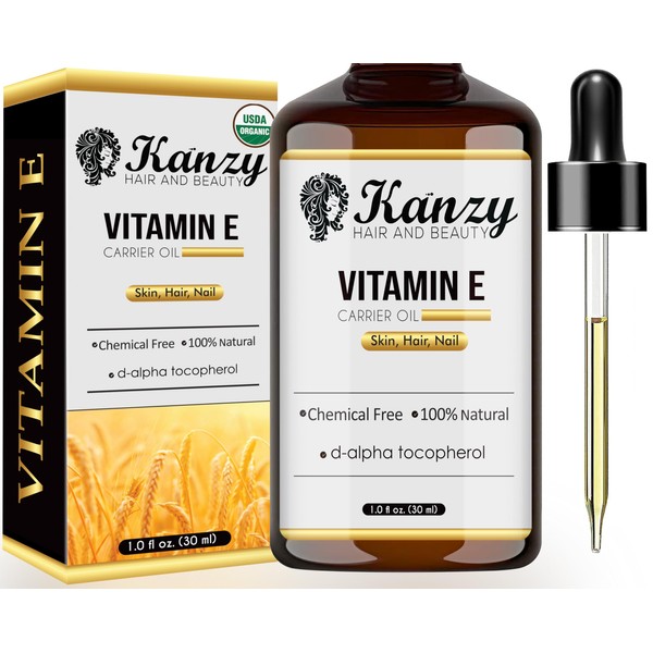 Kanzy Vitamin E Oil Organic Drops for Cosmetics 30 ml 100% Natural d-Alpha Tocopherol, Anti-Wrinkle, Anti-Ageing, Pure Vitamin E Oil Against Wrinkles of All Kinds, Face, Nail and Hair (30 ml)