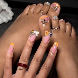 MISUD 48 Pcs Press on Nails Long Square & Press on Toenails Matching Set Glossy Glue on Nails Orange French Tip Fake Nails Supplies Bee Flower Acrylic Nails Kit False Toe Nails Art with Design DIY